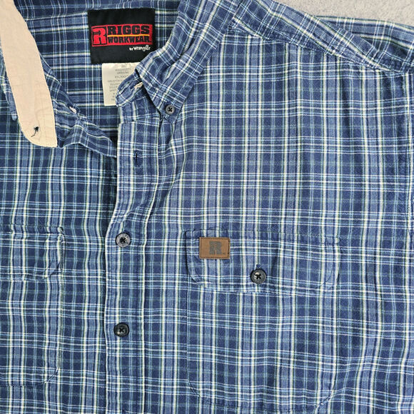 Wrangler Riggs Button Shirt Men's XXL Blue Plaid Workwear Vented Farm As Is - Picture 2 of 9